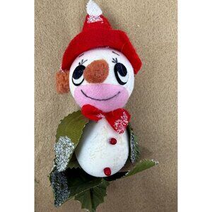 Vintage Felt Snowman Christmas Ornament Red Hat Leaf Scarf Japan Kitschy Big Eye